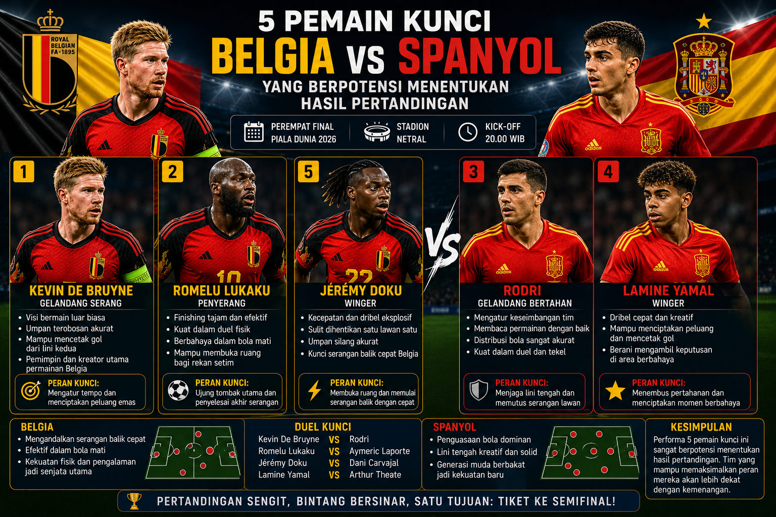 5 Pemain Kunci Belgia vs Spanyol yang Berpotensi Menentukan Hasil Pertandingan