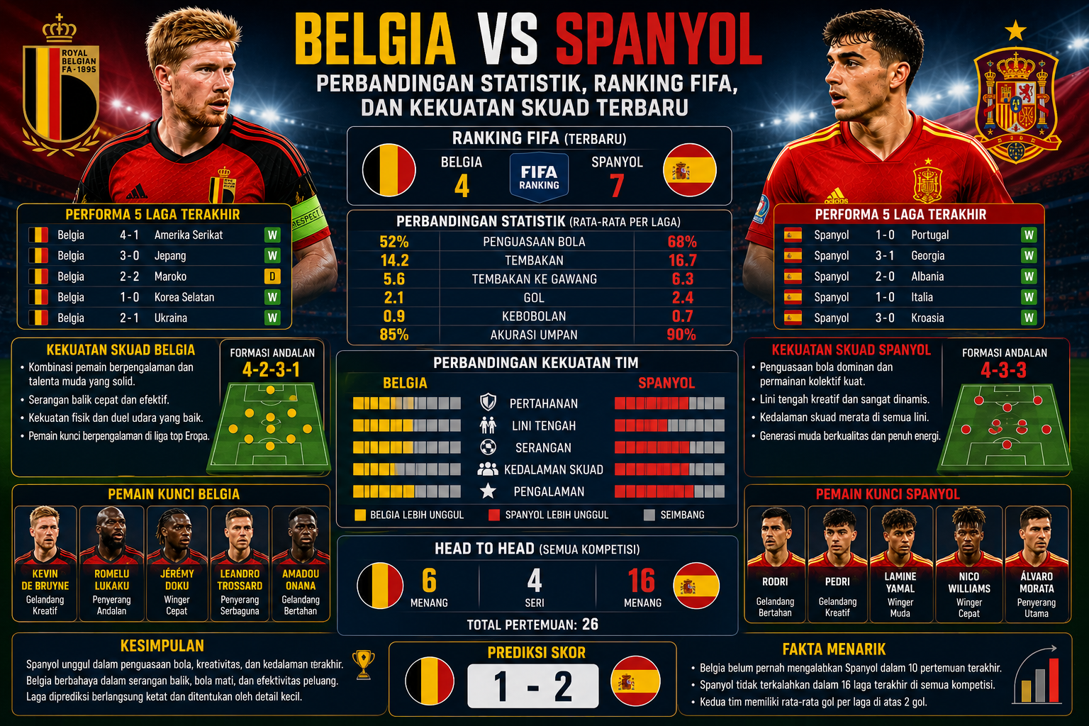 Belgia vs Spanyol: Perbandingan Statistik, Ranking FIFA, dan Kekuatan Skuad Terbaru