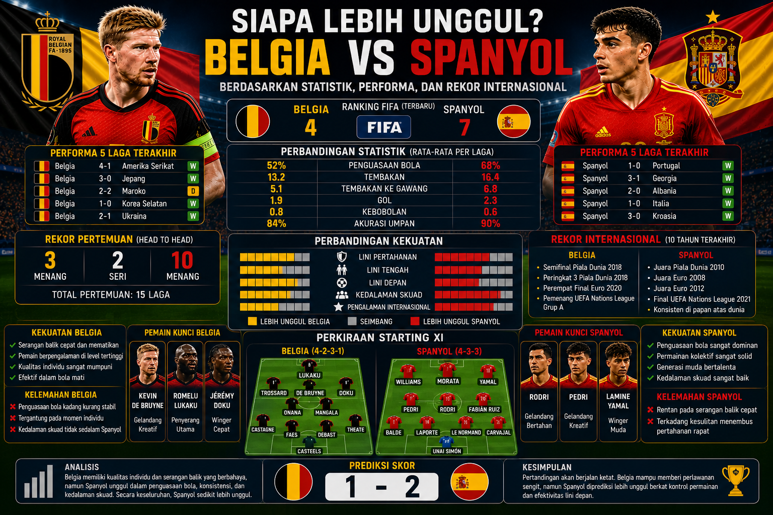 Siapa Lebih Unggul? Belgia vs Spanyol Berdasarkan Statistik, Performa, dan Rekor Internasional