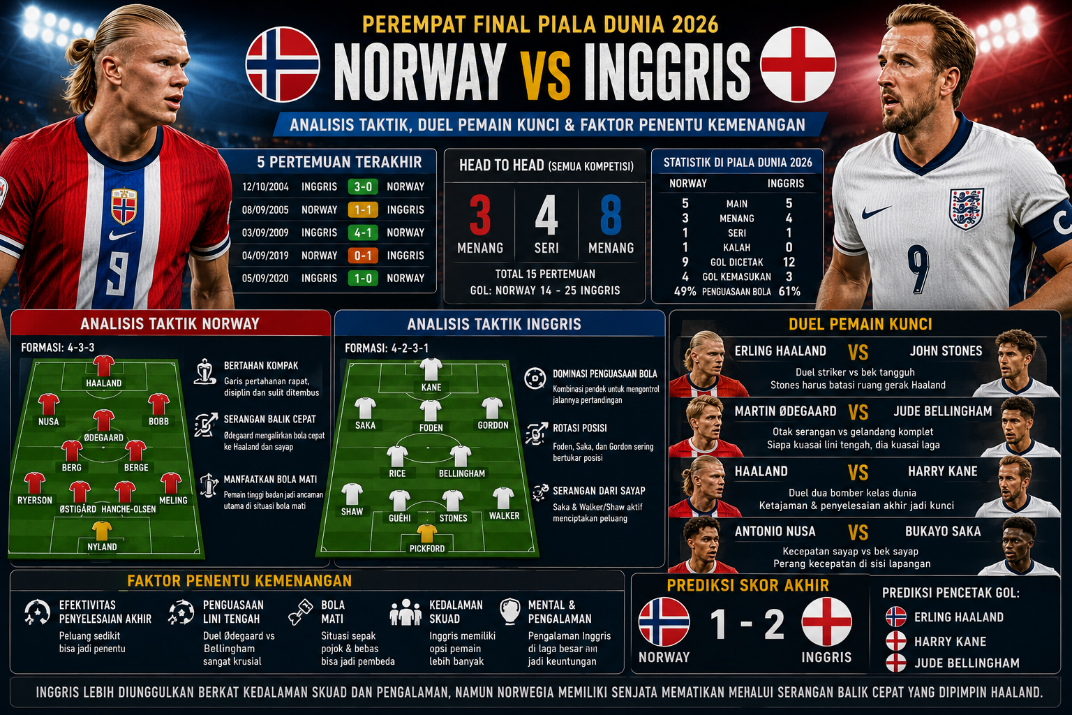 Norway vs Inggris: Analisis Taktik, Duel Pemain Kunci, dan Faktor Penentu Kemenangan di Piala Dunia 2026