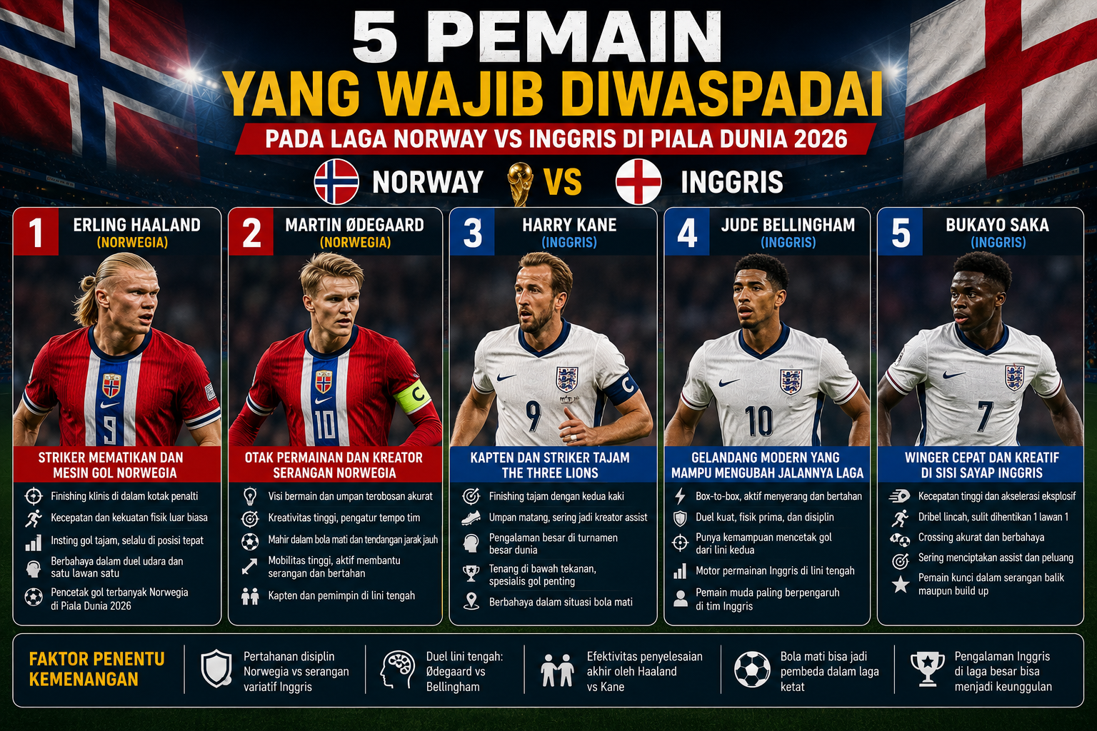 5 Pemain yang Wajib Diwaspadai pada Laga Norway vs Inggris di Piala Dunia 2026