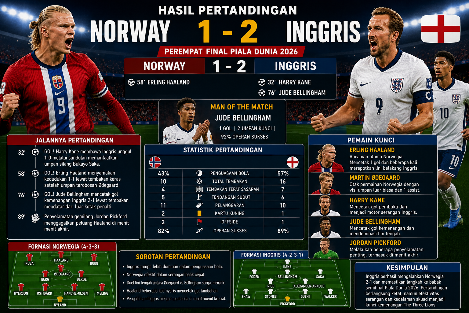Hasil Norway vs Inggris Hari Ini: Skor Akhir, Pencetak Gol, Statistik Pertandingan, dan Sorotan Lengkap