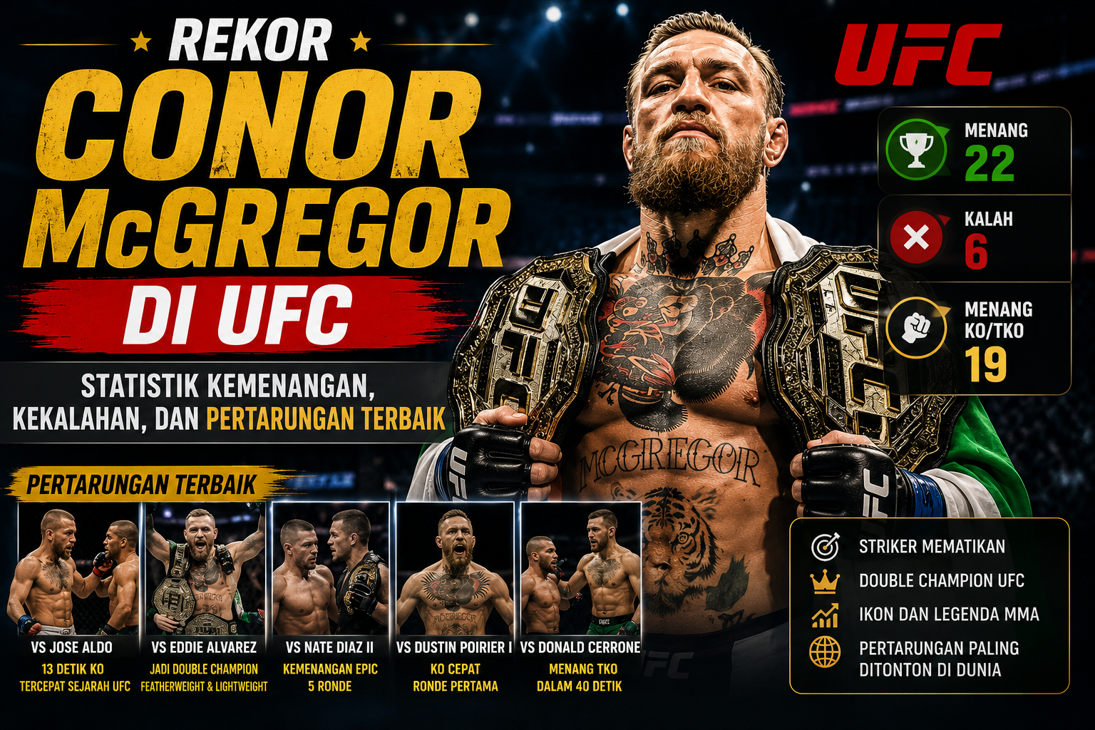 Rekor Conor McGregor di UFC: Statistik Kemenangan, Kekalahan, dan Pertarungan Terbaik
