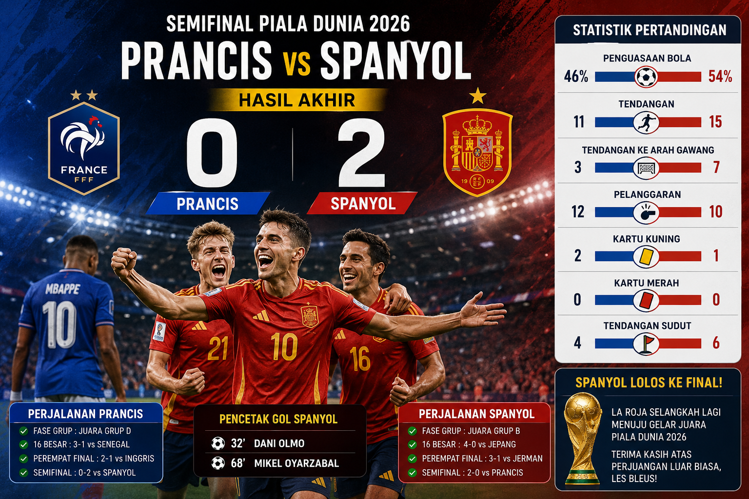 Skor Prancis vs Spanyol Hari Ini: Hasil Akhir, Pencetak Gol, dan Jalannya Pertandingan Semifinal Piala Dunia 2026