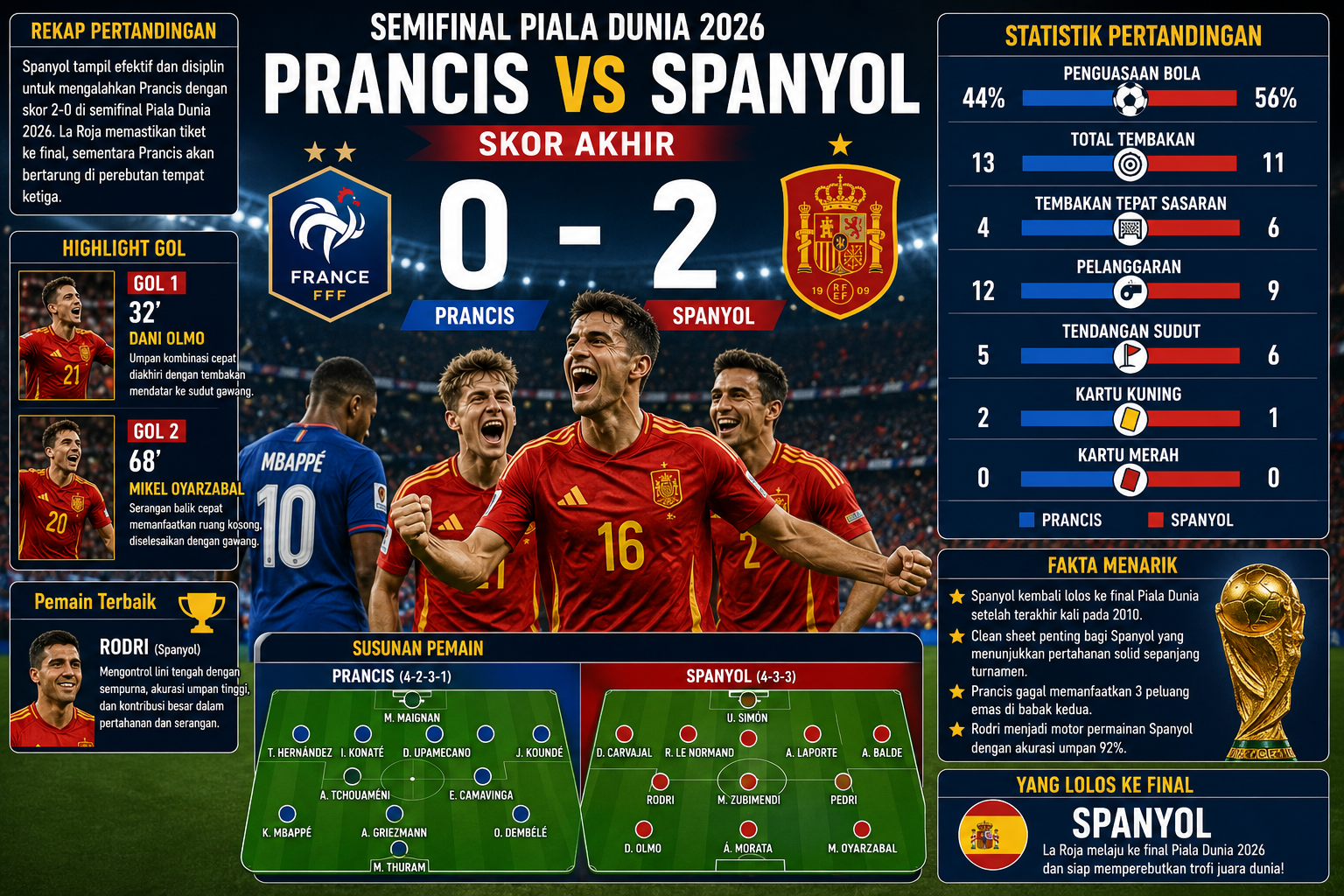Skor Akhir Prancis vs Spanyol: Rekap Pertandingan, Highlight Gol, dan Fakta Menarik Semifinal Piala Dunia 2026