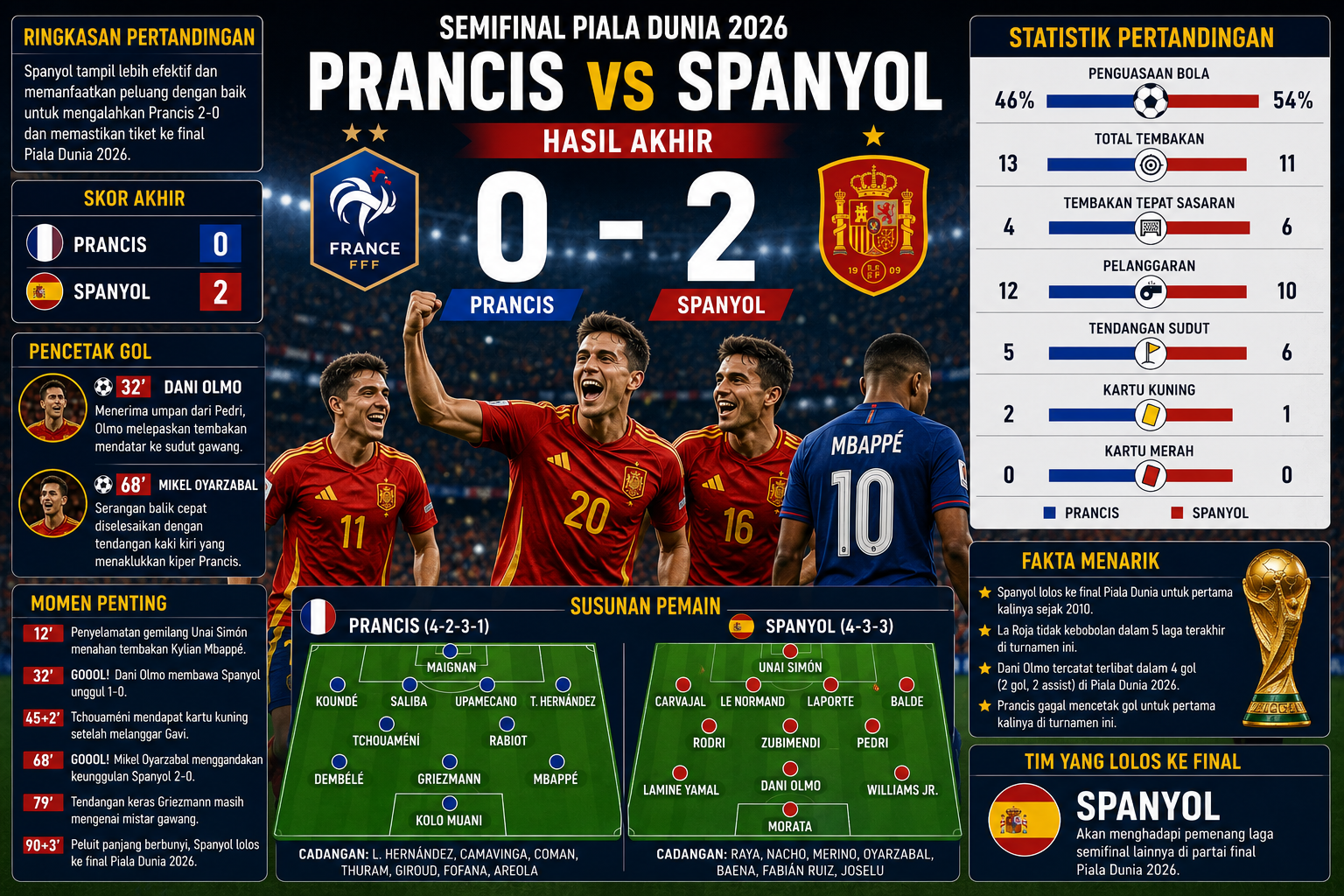 Prancis vs Spanyol Berakhir Berapa? Simak Skor, Statistik, Susunan Pemain, dan Momen Penting Laga