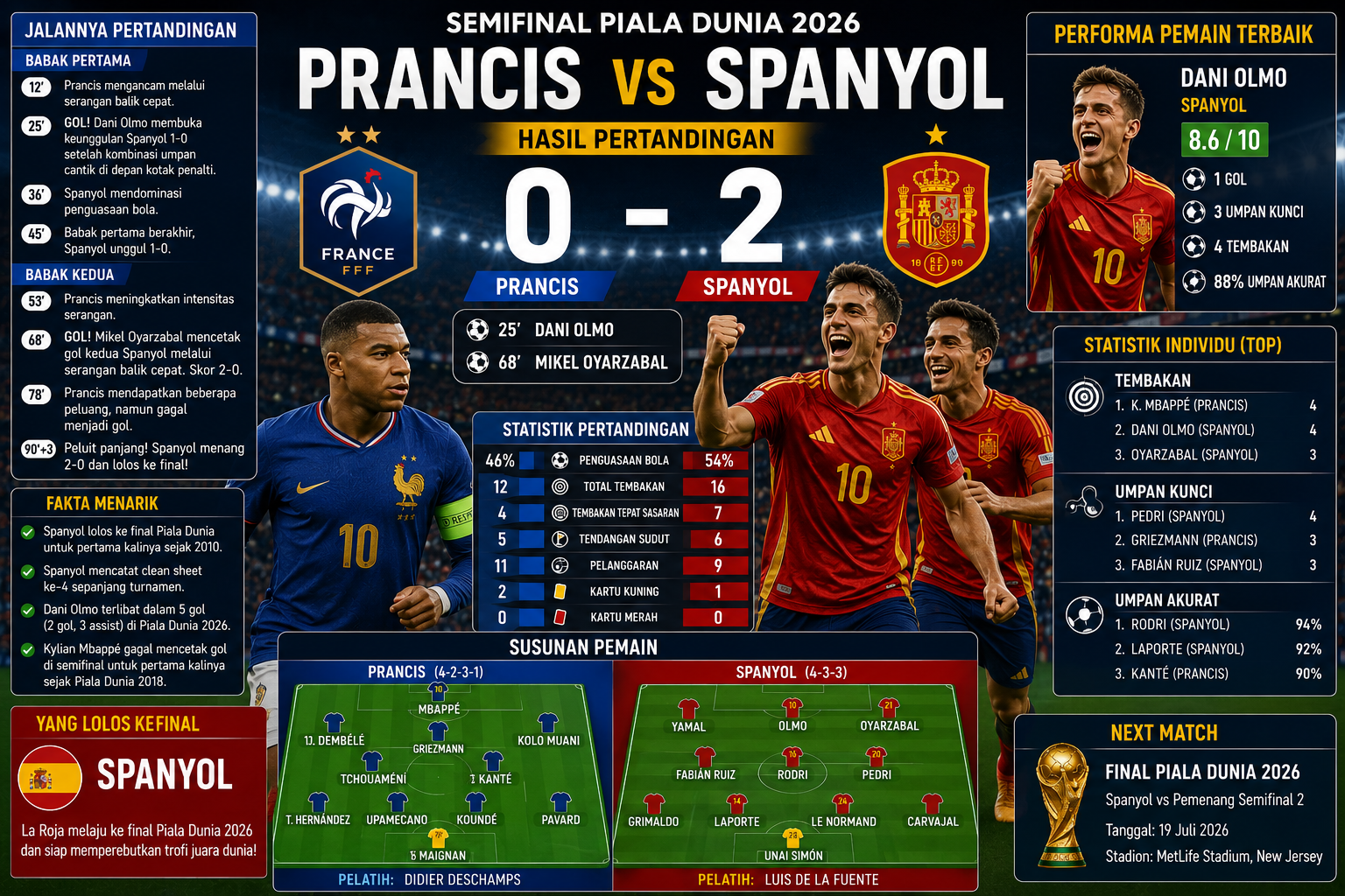 Update Skor Prancis vs Spanyol Live: Hasil Pertandingan, Penguasaan Bola, dan Performa Pemain Terbaik