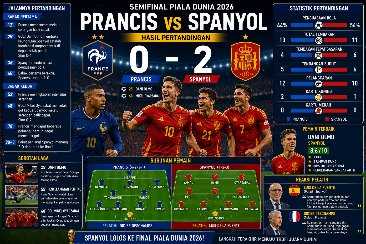 Hasil Semifinal Piala Dunia 2026 Prancis vs Spanyol: Skor Akhir, Sorotan Laga, dan Reaksi Pelatih