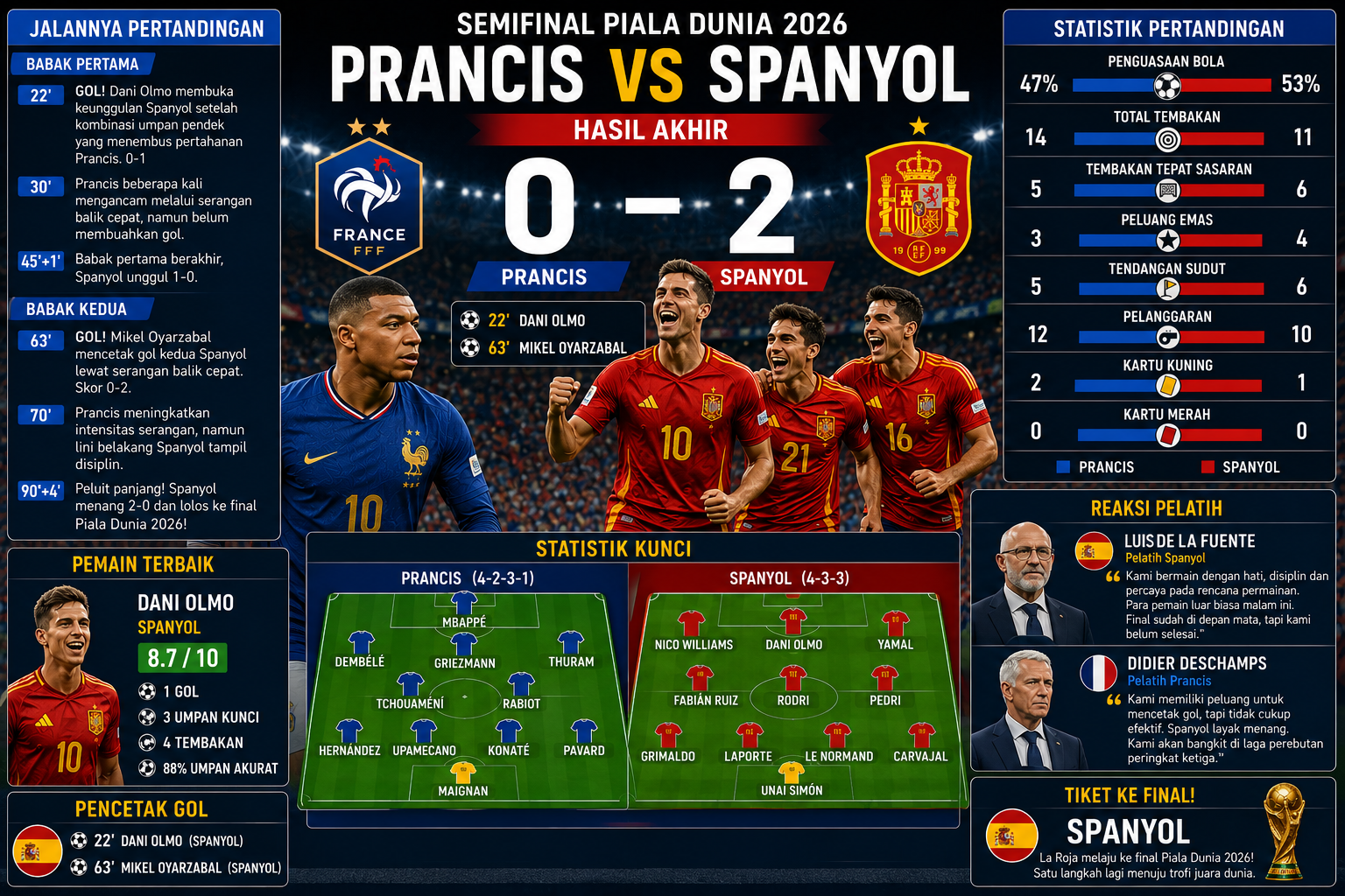 Prancis vs Spanyol: Skor Lengkap, Statistik Pertandingan, Pencetak Gol, dan Tiket Menuju Final Piala Dunia 2026
