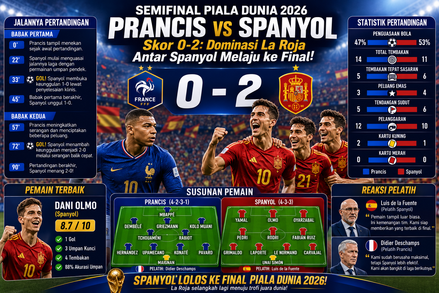 Skor Prancis vs Spanyol 0-2: Dominasi La Roja Antar Spanyol Melaju ke Final Piala Dunia 2026