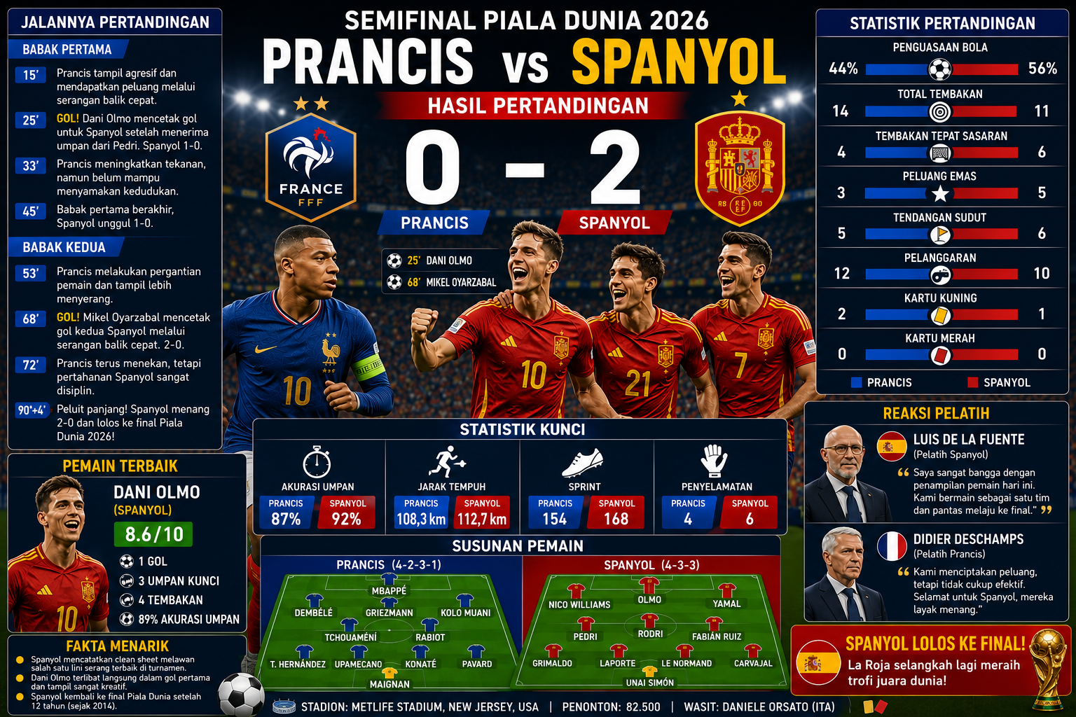 Hasil Prancis vs Spanyol Hari Ini: Skor 0-2, Statistik Lengkap, dan Fakta Menarik Semifinal Piala Dunia 2026