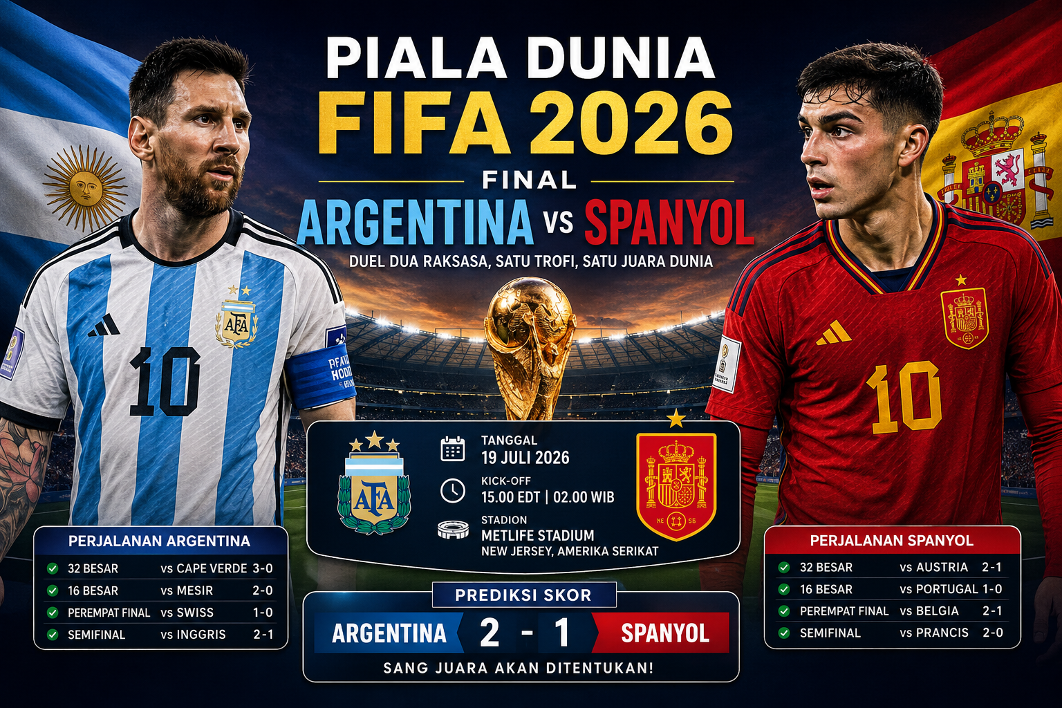 Piala Dunia FIFA 2026 Hari Ini: Jadwal Final Argentina vs Spanyol, Tanggal, Jam Kick-Off, dan Prediksi Pertandingan