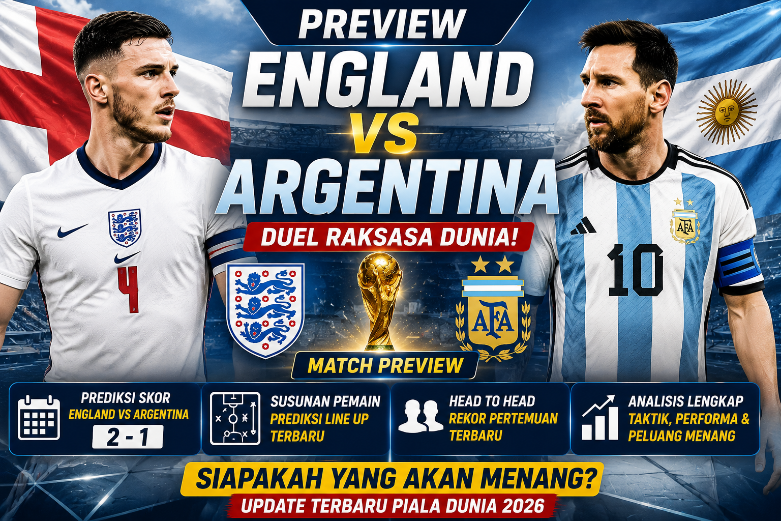 Preview England vs Argentina: Prediksi Skor, Susunan Pemain, dan Head to Head Terbaru