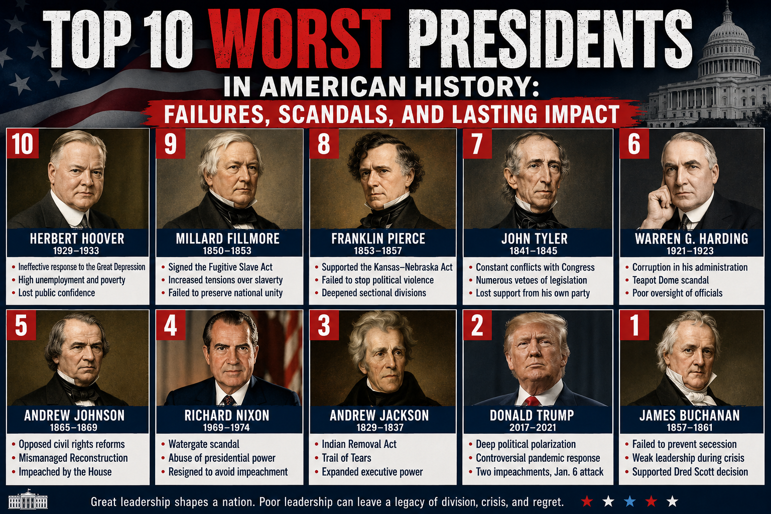 Top 10 Worst Presidents in American History: Failures, Scandals, and Lasting Impact