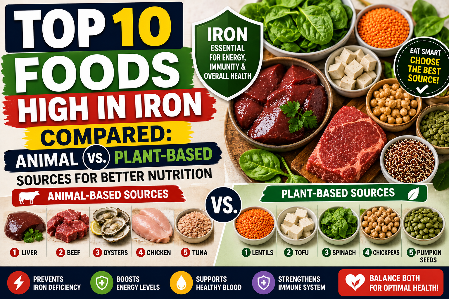 Top 10 Foods High in Iron Compared: Animal vs. Plant-Based Sources for Better Nutrition