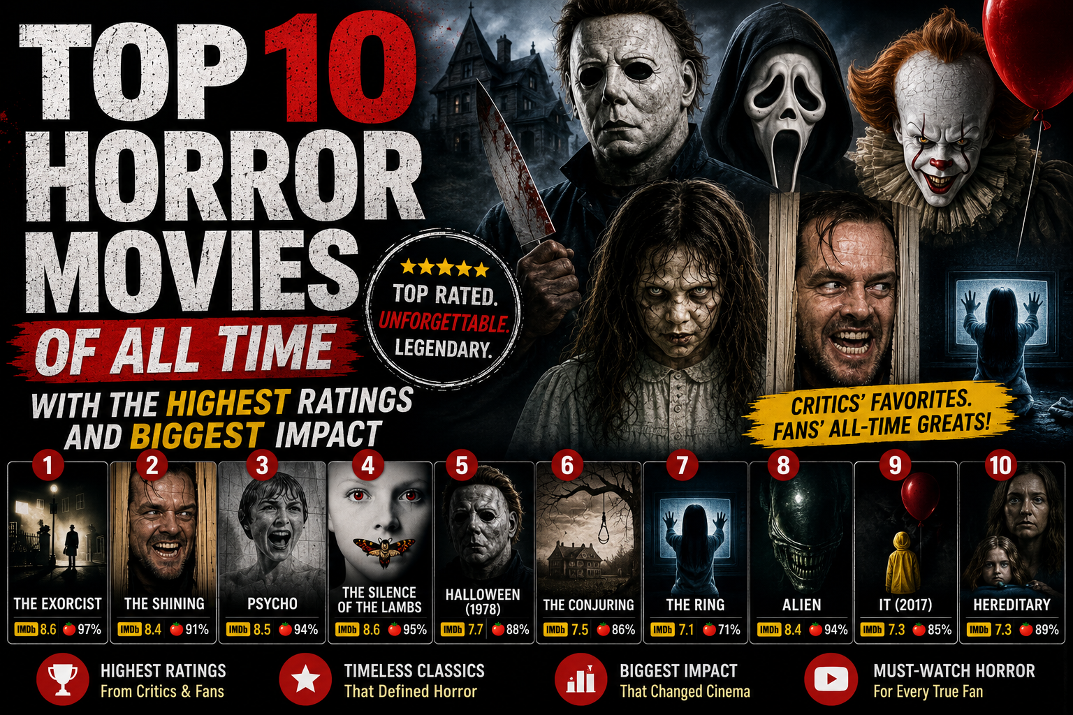 Top 10 Horror Movies of All Time with the Highest Ratings and Biggest Impact