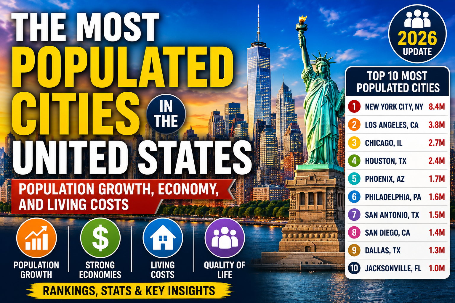 The Most Populated Cities in the United States: Population Growth, Economy, and Living Costs
