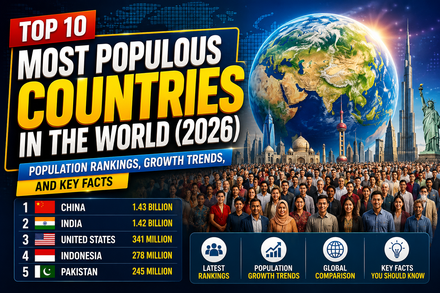 Top 10 Most Populous Countries in the World (2026): Population Rankings, Growth Trends, and Key Facts