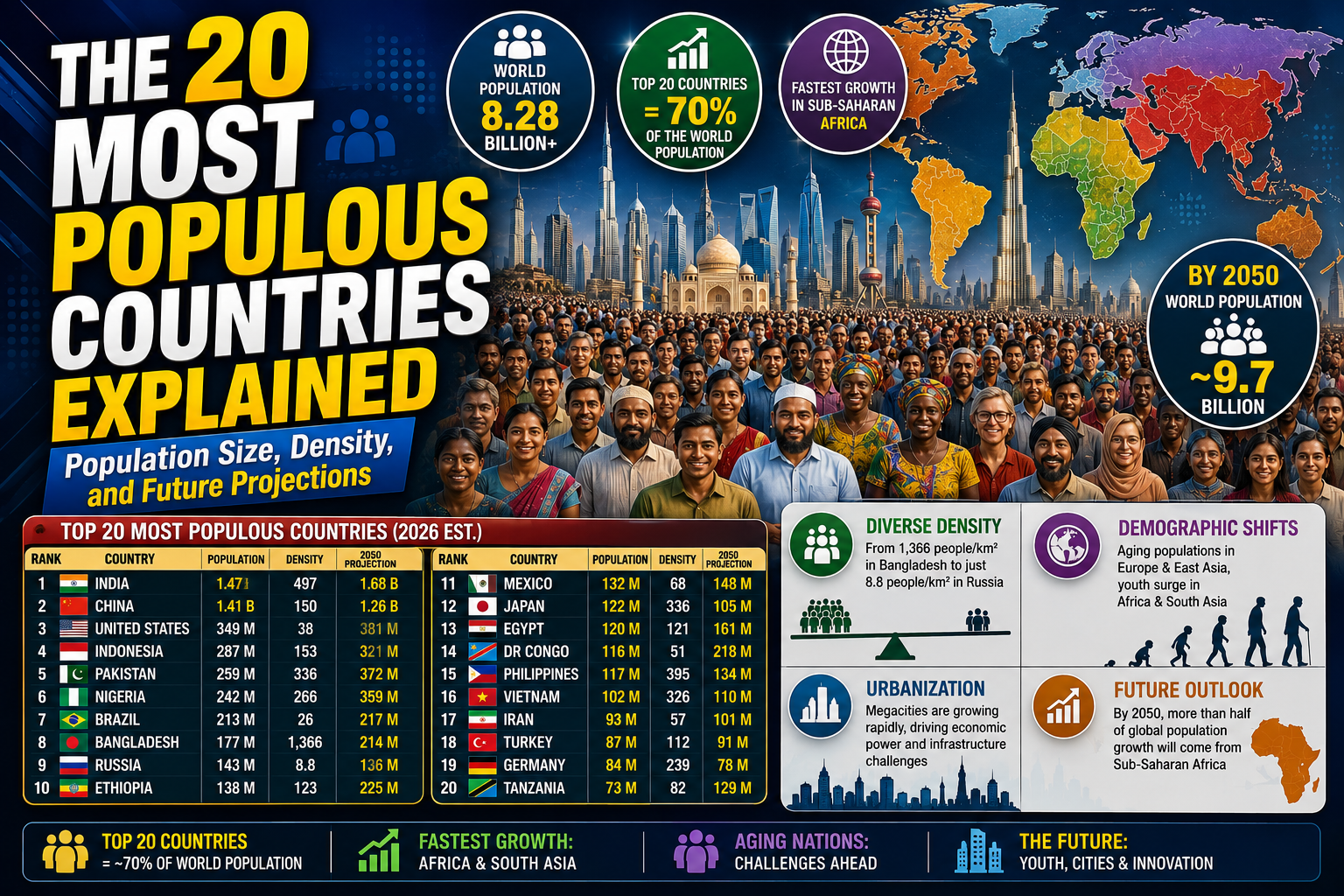 The 20 Most Populous Countries Explained: Population Size, Density, and Future Projections