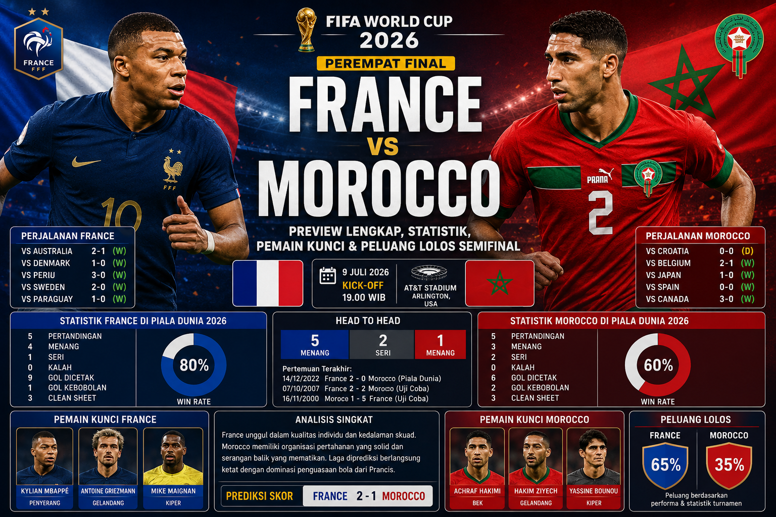 France vs Morocco 2026: Preview Lengkap, Statistik, Pemain Kunci, dan Peluang Lolos ke Semifinal