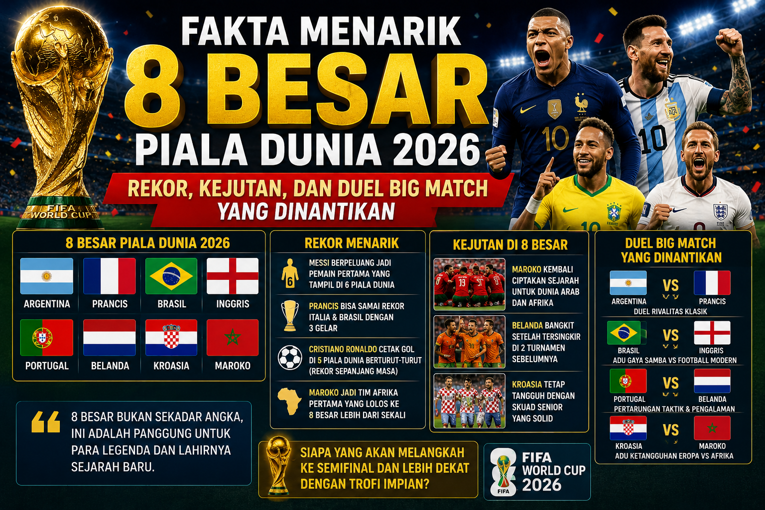 Fakta Menarik 8 Besar Piala Dunia 2026: Rekor, Kejutan, dan Duel Big Match yang Dinantikan