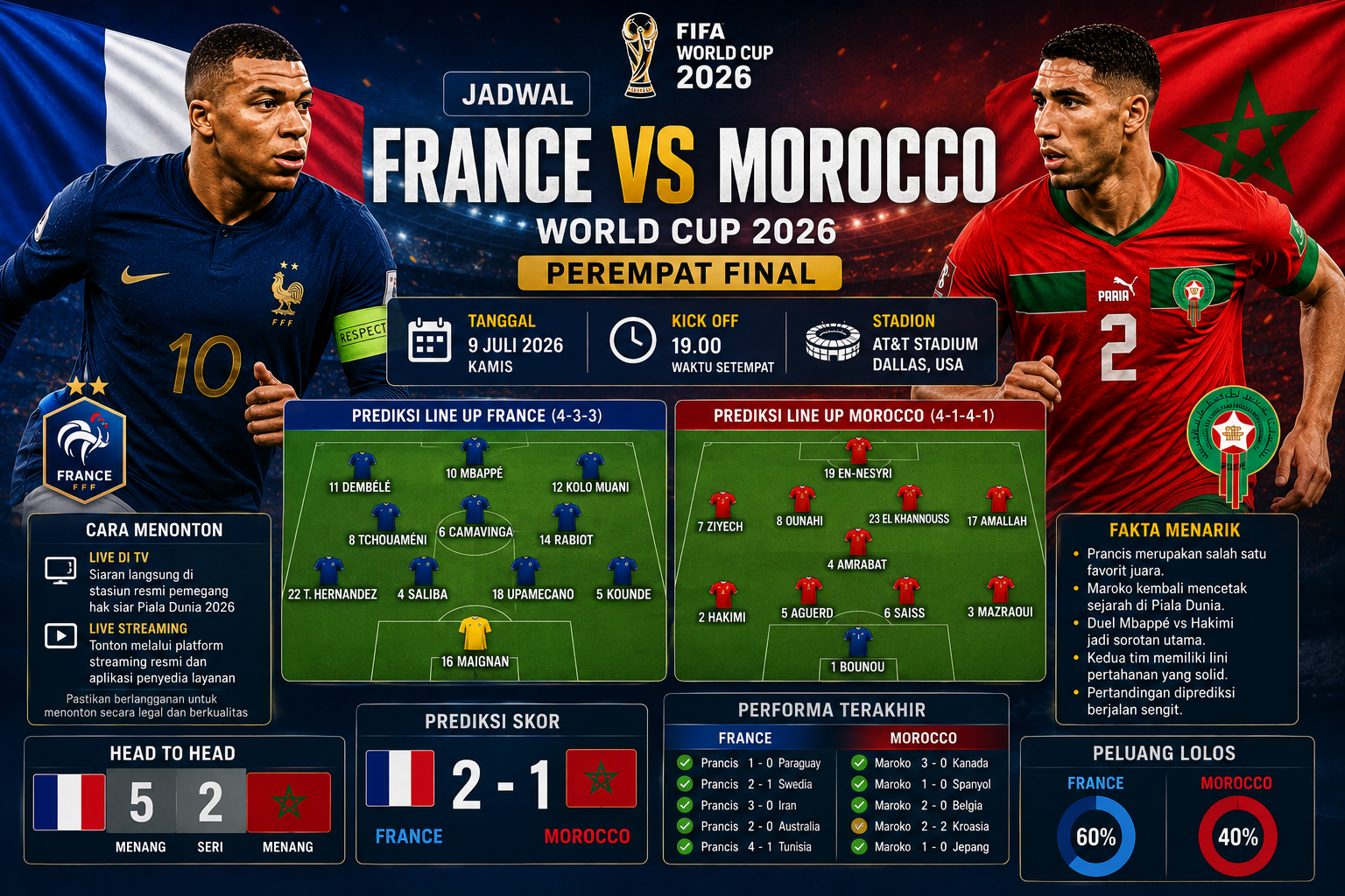 Jadwal France vs Morocco World Cup 2026: Jam Kick Off, Live Streaming, dan Prediksi Pertandingan