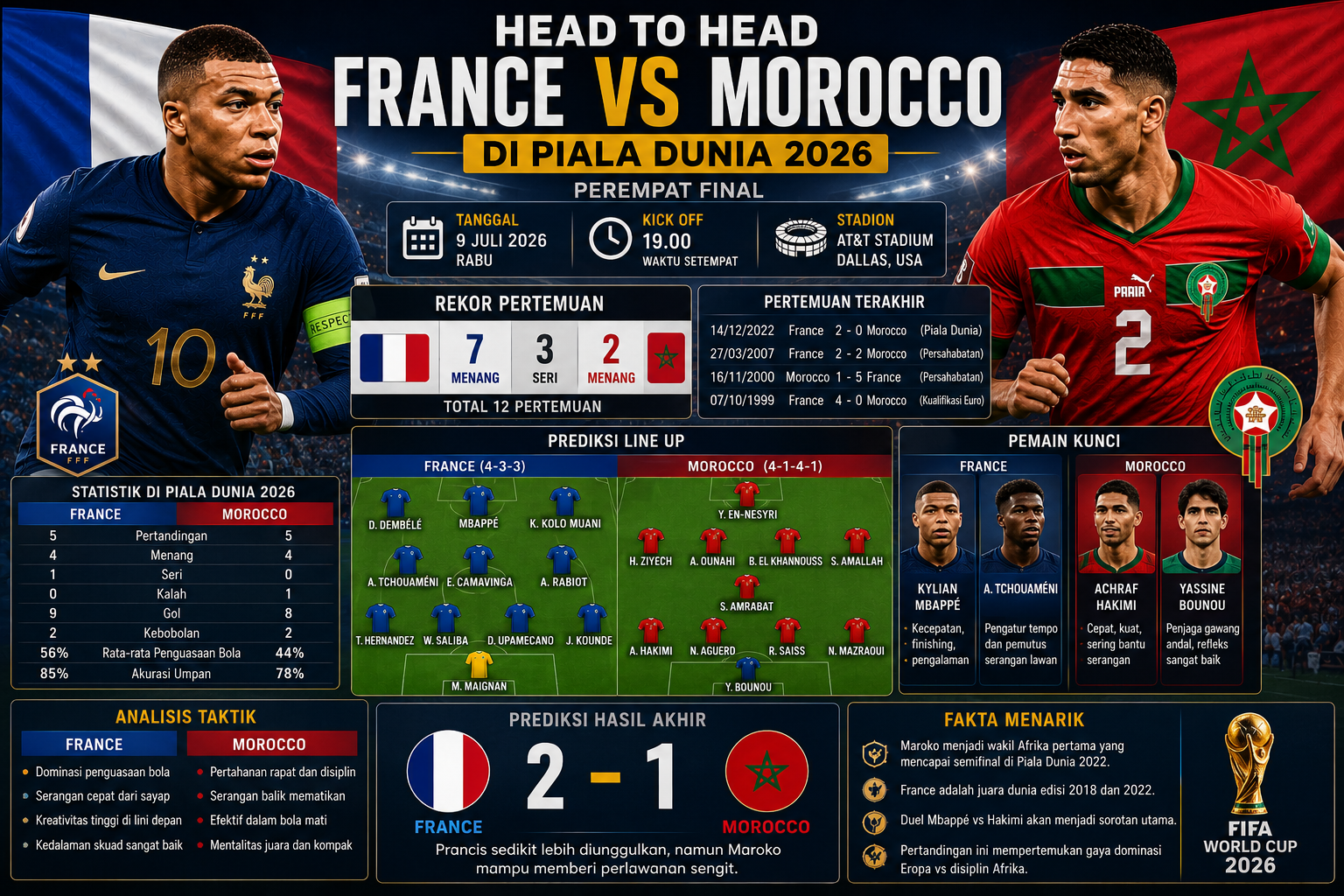 Head to Head France vs Morocco di Piala Dunia 2026: Rekor Pertemuan, Statistik, dan Prediksi Hasil Akhir
