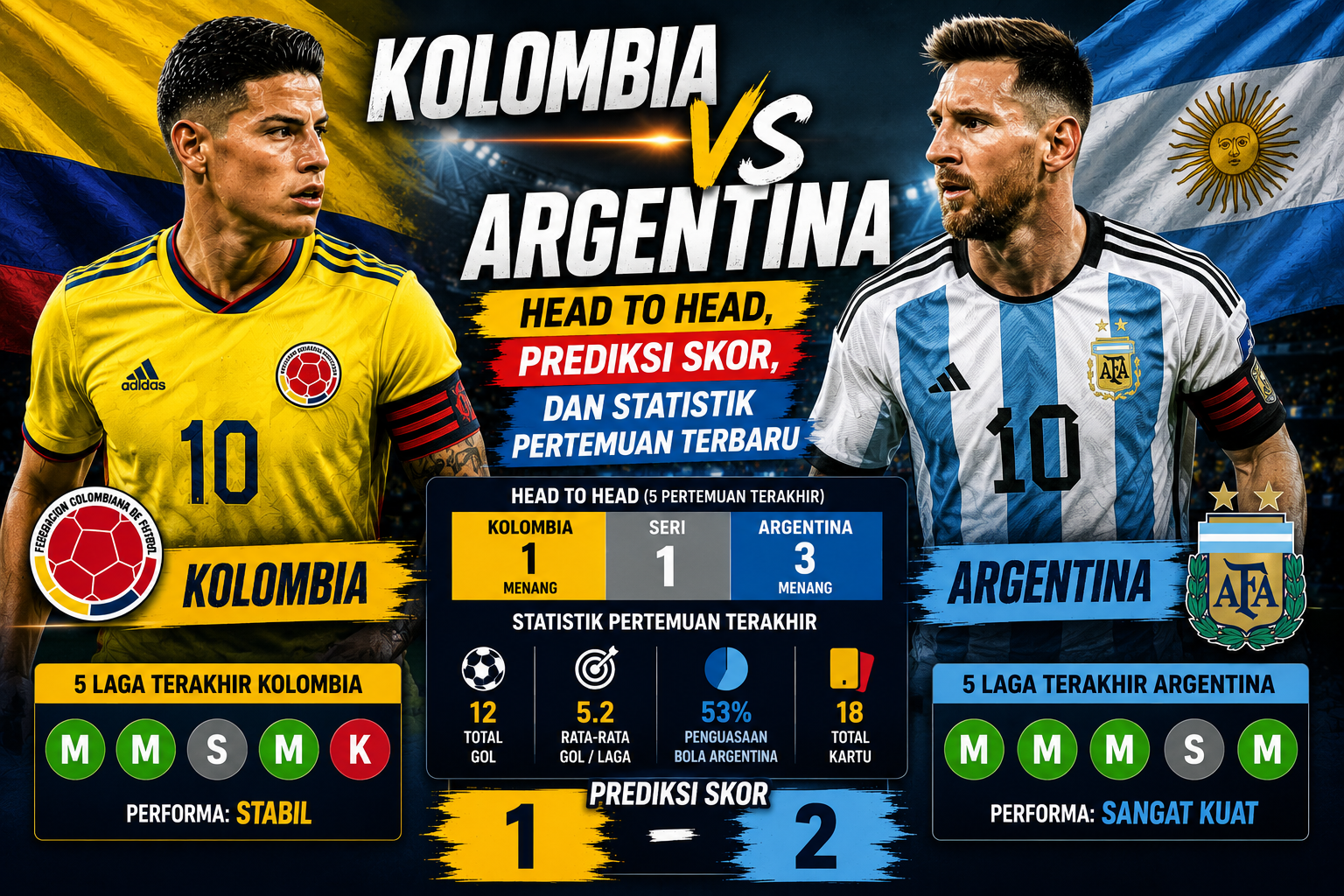Kolombia vs Argentina: Head to Head, Prediksi Skor, dan Statistik Pertemuan Terbaru