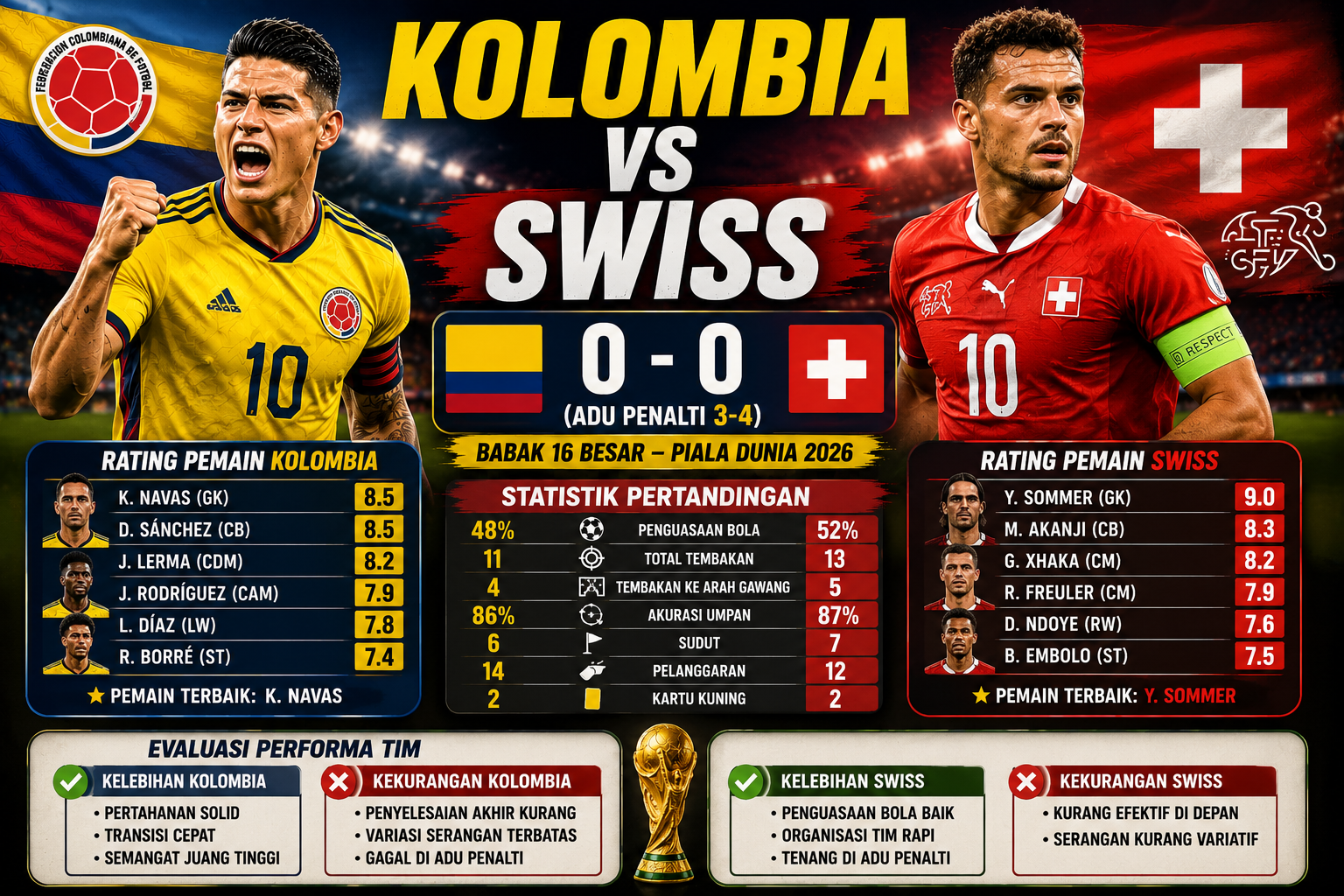 Kolombia vs Swiss: Rating Pemain, Statistik Pertandingan, dan Evaluasi Performa Tim