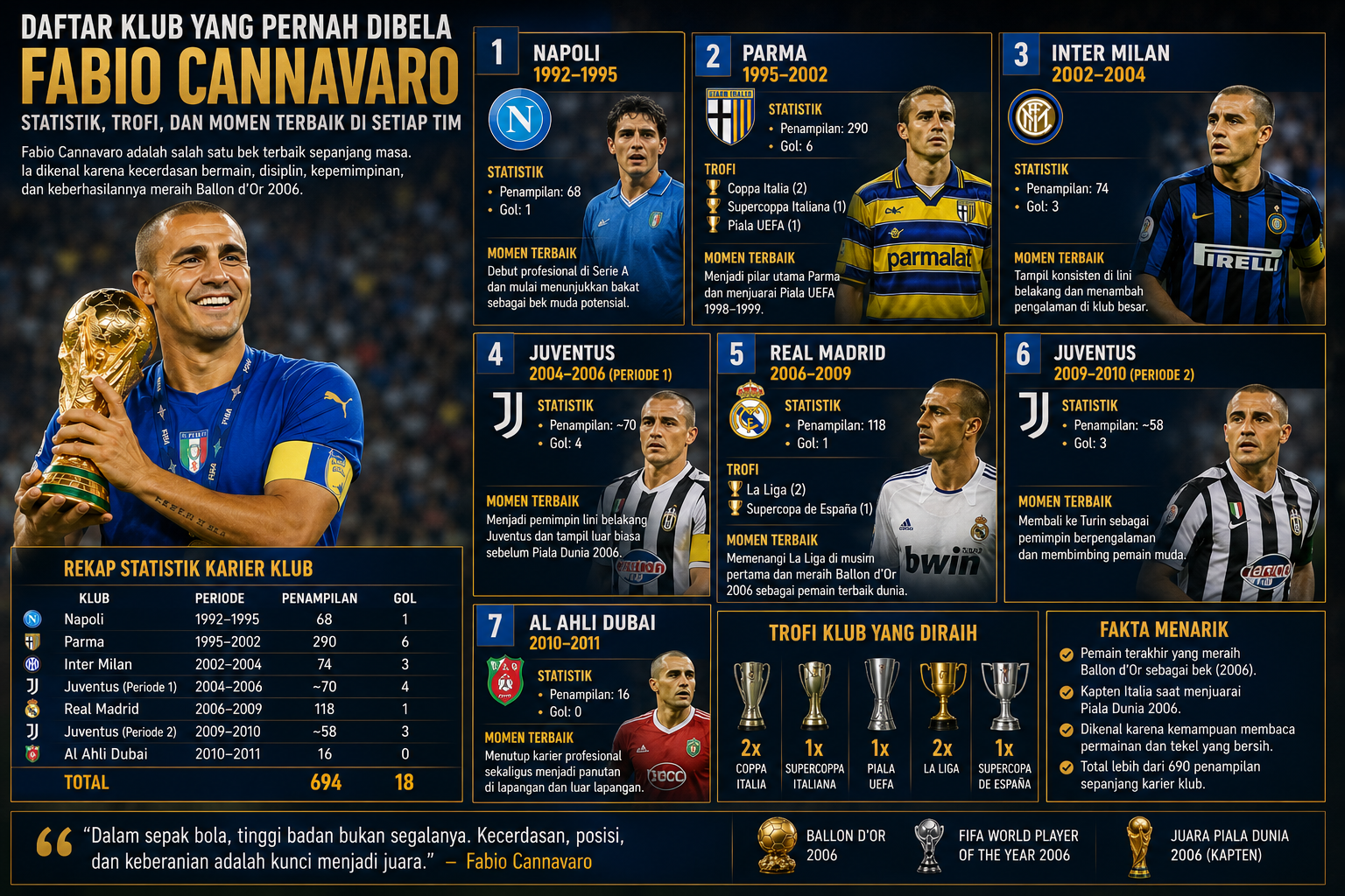 Daftar Klub yang Pernah Dibela Fabio Cannavaro: Statistik, Trofi, dan Momen Terbaik di Setiap Tim