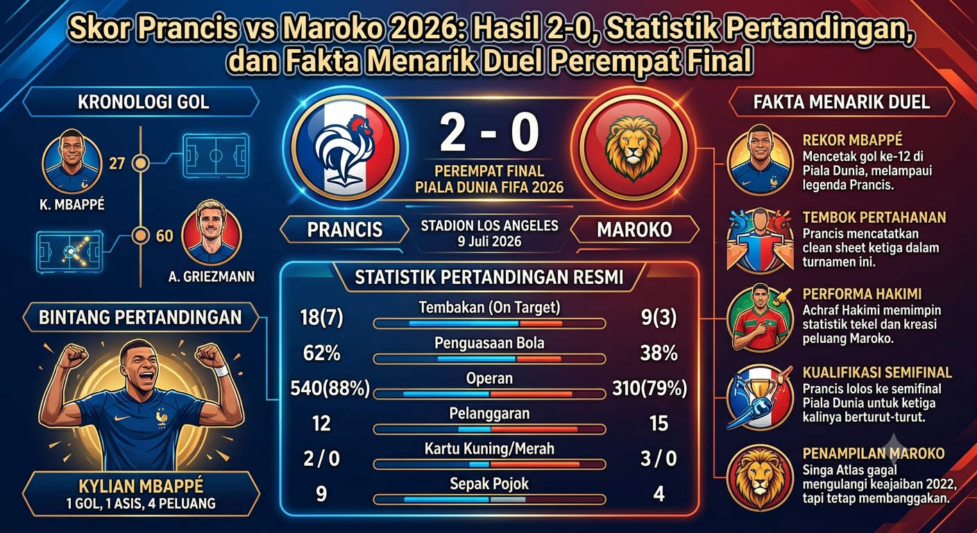 Skor Prancis vs Maroko 2026: Hasil 2-0, Statistik Pertandingan, dan Fakta Menarik Duel Perempat Final