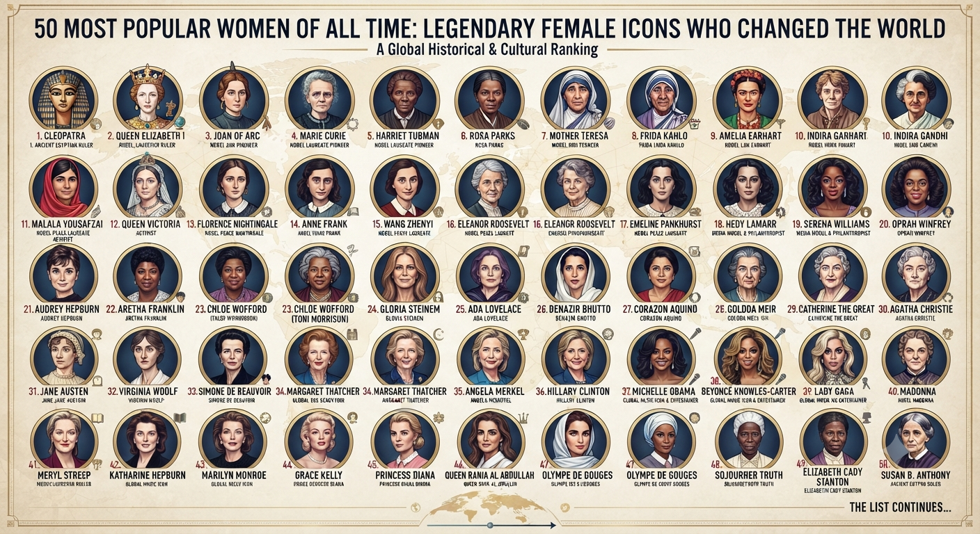 50 Most Popular Women of All Time: Legendary Female Icons Who Changed the World