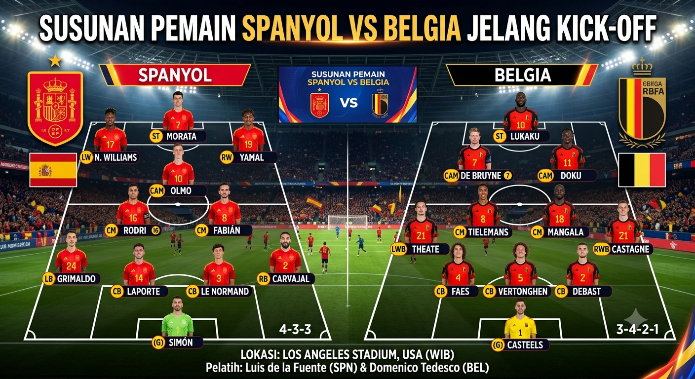 Susunan Pemain Spanyol vs Belgia Jelang Kick-off: Duel Sengit Berebut Tiket Semifinal