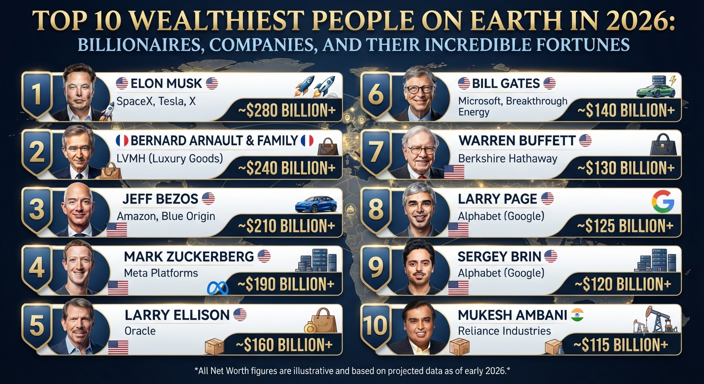 Top 10 Wealthiest People on Earth in 2026: Billionaires, Companies, and Their Incredible Fortunes