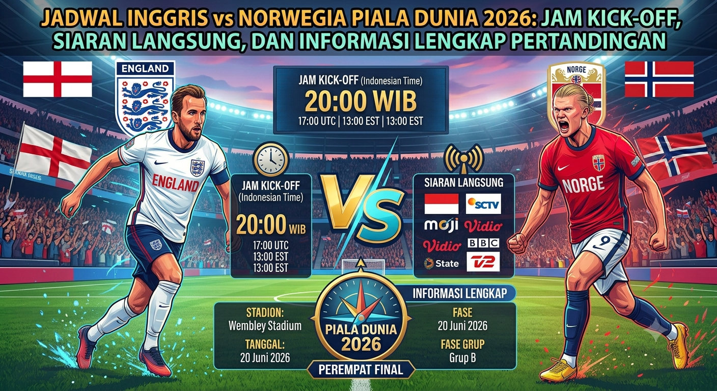 Jadwal Inggris vs Norwegia Piala Dunia 2026: Jam Kick-off, Siaran Langsung, dan Informasi Lengkap Pertandingan