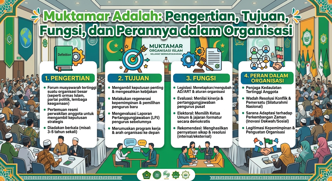 buatkan saya gambar dengan judul Muktamar Adalah: Pengertian, Tujuan, Fungsi, dan Perannya dalam Organisasi