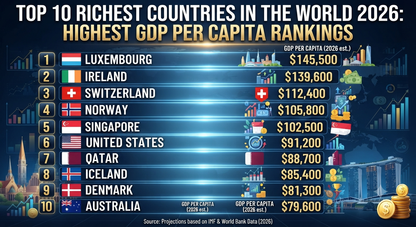 Top 10 Richest Countries in the World 2026: Highest GDP Per Capita Rankings