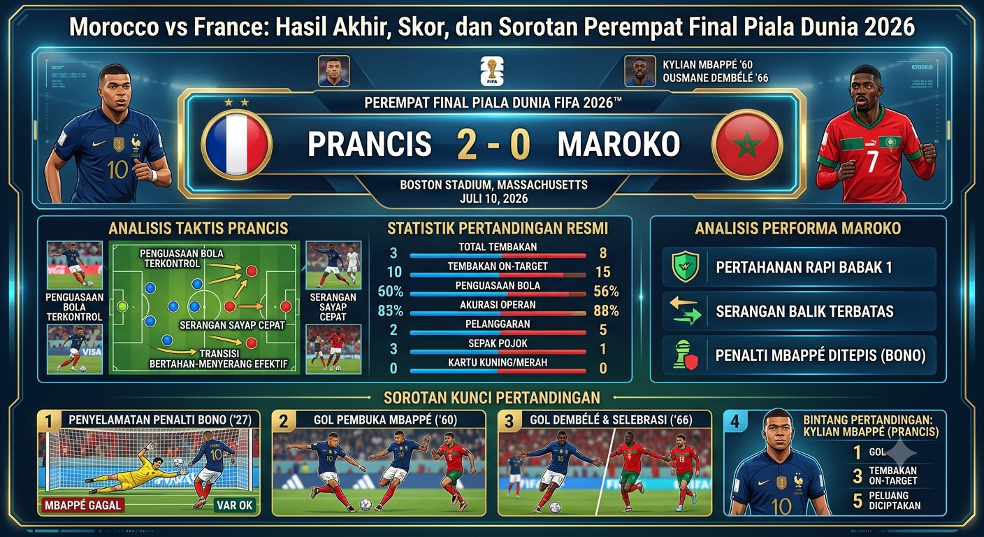 Morocco vs France: Hasil Akhir, Skor, dan Sorotan Perempat Final Piala Dunia 2026