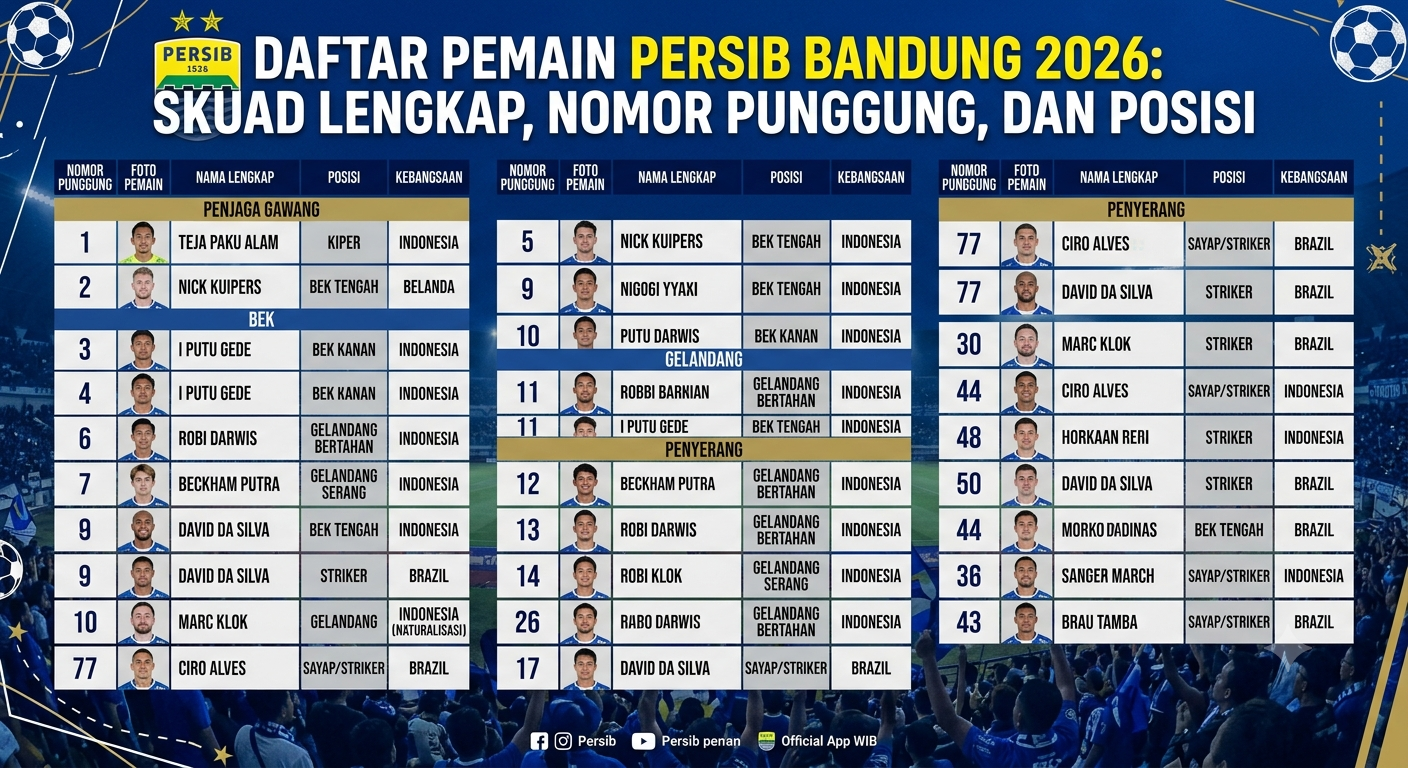 Daftar Pemain Persib Bandung 2026: Skuad Lengkap, Nomor Punggung, dan Posisi
