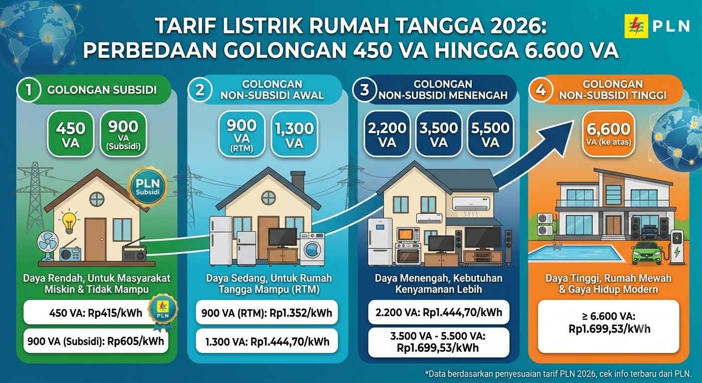 Tarif Listrik Rumah Tangga 2026: Perbedaan Golongan 450 VA hingga 6.600 VA