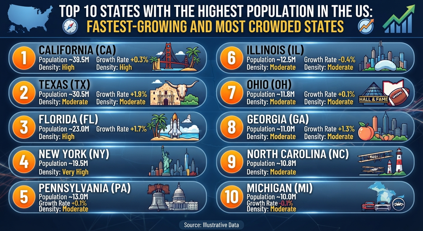 Top 10 States with the Highest Population in the US: Fastest-Growing and Most Crowded States