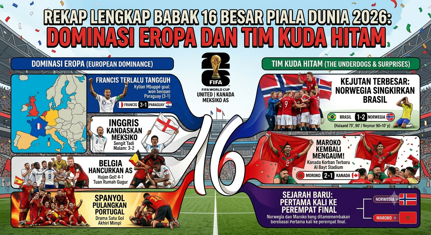 Rekap Lengkap Babak 16 Besar Piala Dunia 2026: Dominasi Eropa dan Tim Kuda Hitam