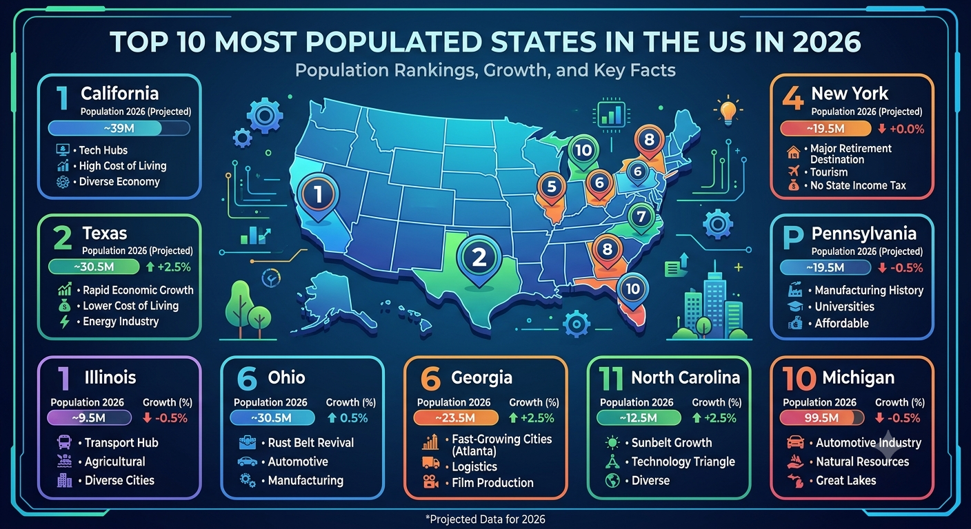 Top 10 Most Populated States in the US in 2026: Population Rankings, Growth, and Key Facts