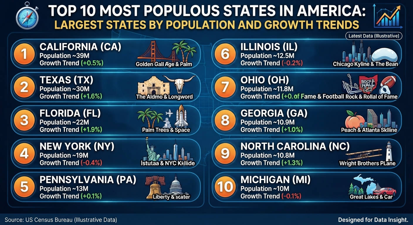 Top 10 Most Populous States in America: Largest States by Population and Growth Trends