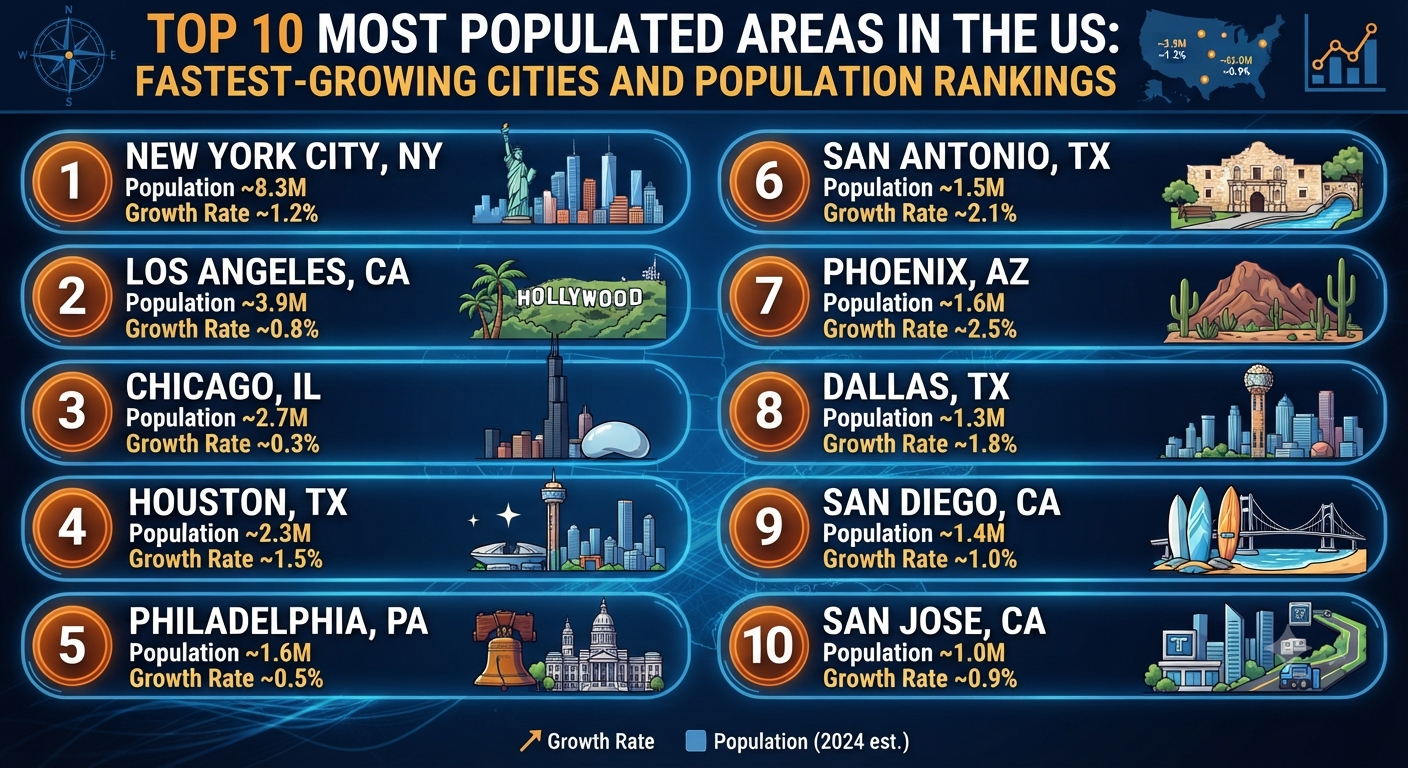 Top 10 Most Populated Areas in the US: Fastest-Growing Cities and Population Rankings