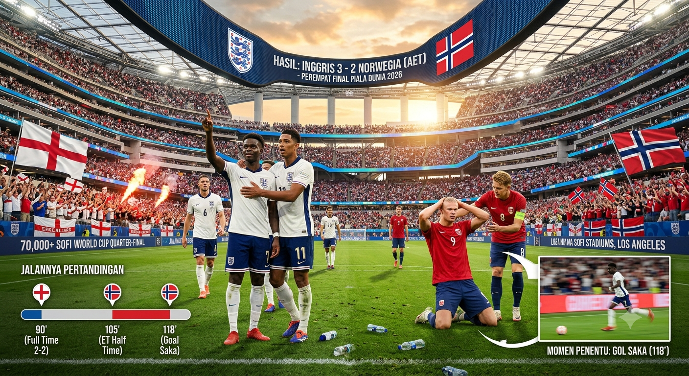 Hasil Inggris vs Norwegia: Skor Akhir, Jalannya Pertandingan, dan Momen Penentu di Perempat Final Piala Dunia 2026