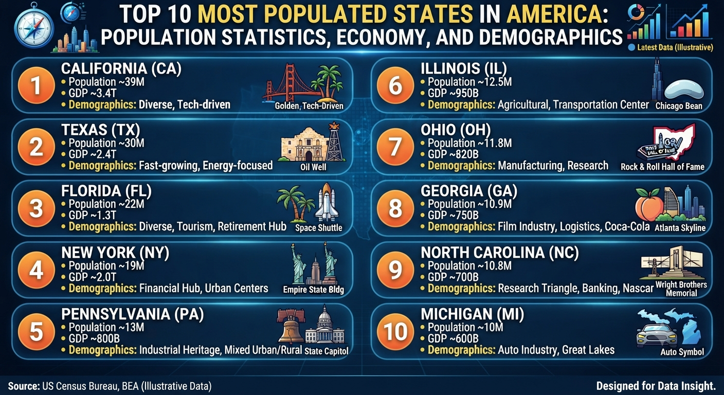 Top 10 Most Populated States in America: Population Statistics, Economy, and Demographics