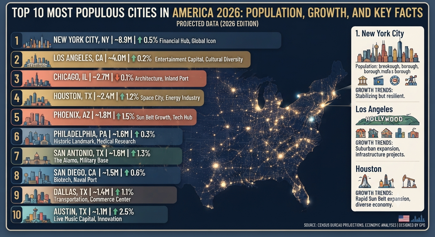 Top 10 Most Populous Cities in America 2026: Population, Growth, and Key Facts