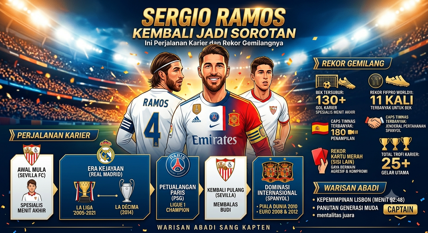 Sergio Ramos Kembali Jadi Sorotan, Ini Perjalanan Karier dan Rekor Gemilangnya
