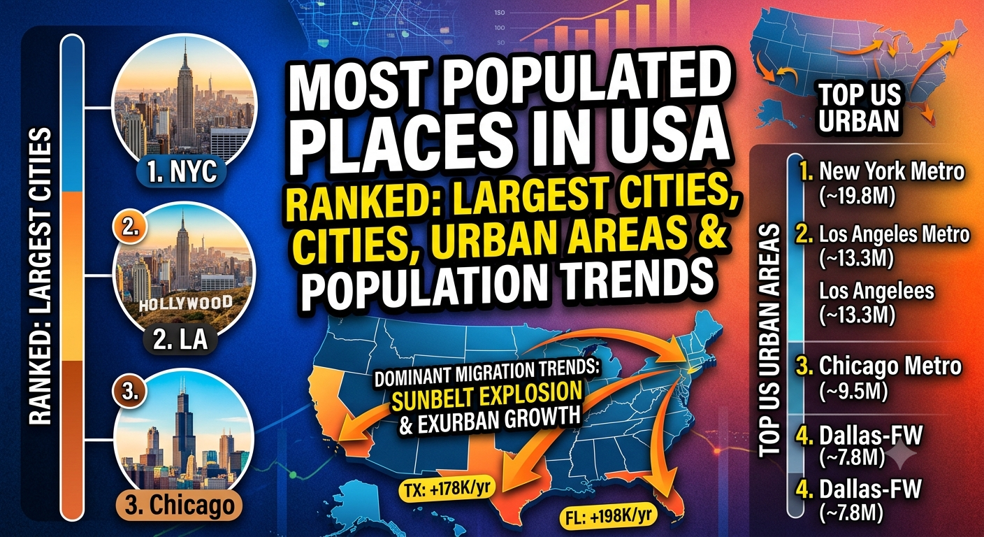 Most Populated Places in the USA Ranked: Largest Cities, Urban Areas, and Population Trends
